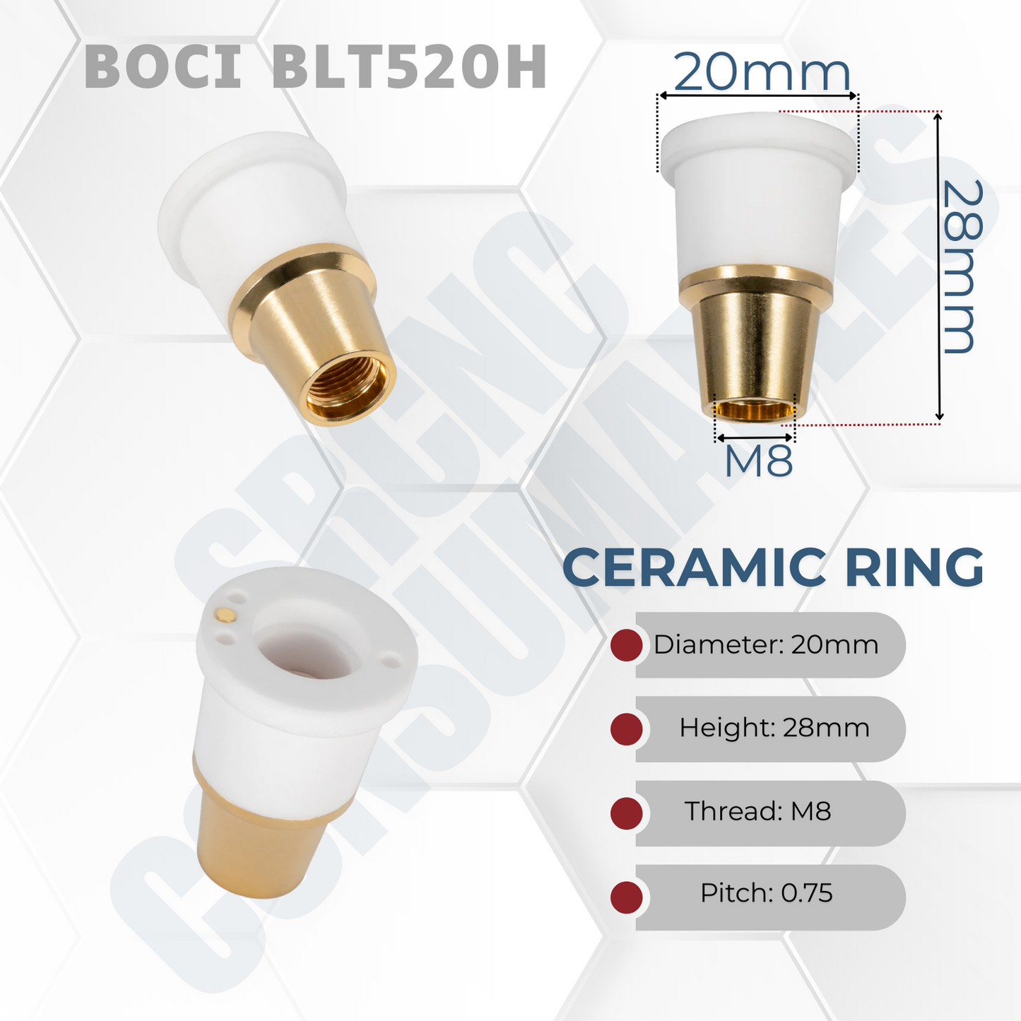 Ceramic Ring/Nozzle Holder D20 H28 M8 – for BOCI BLT520H (6kW)