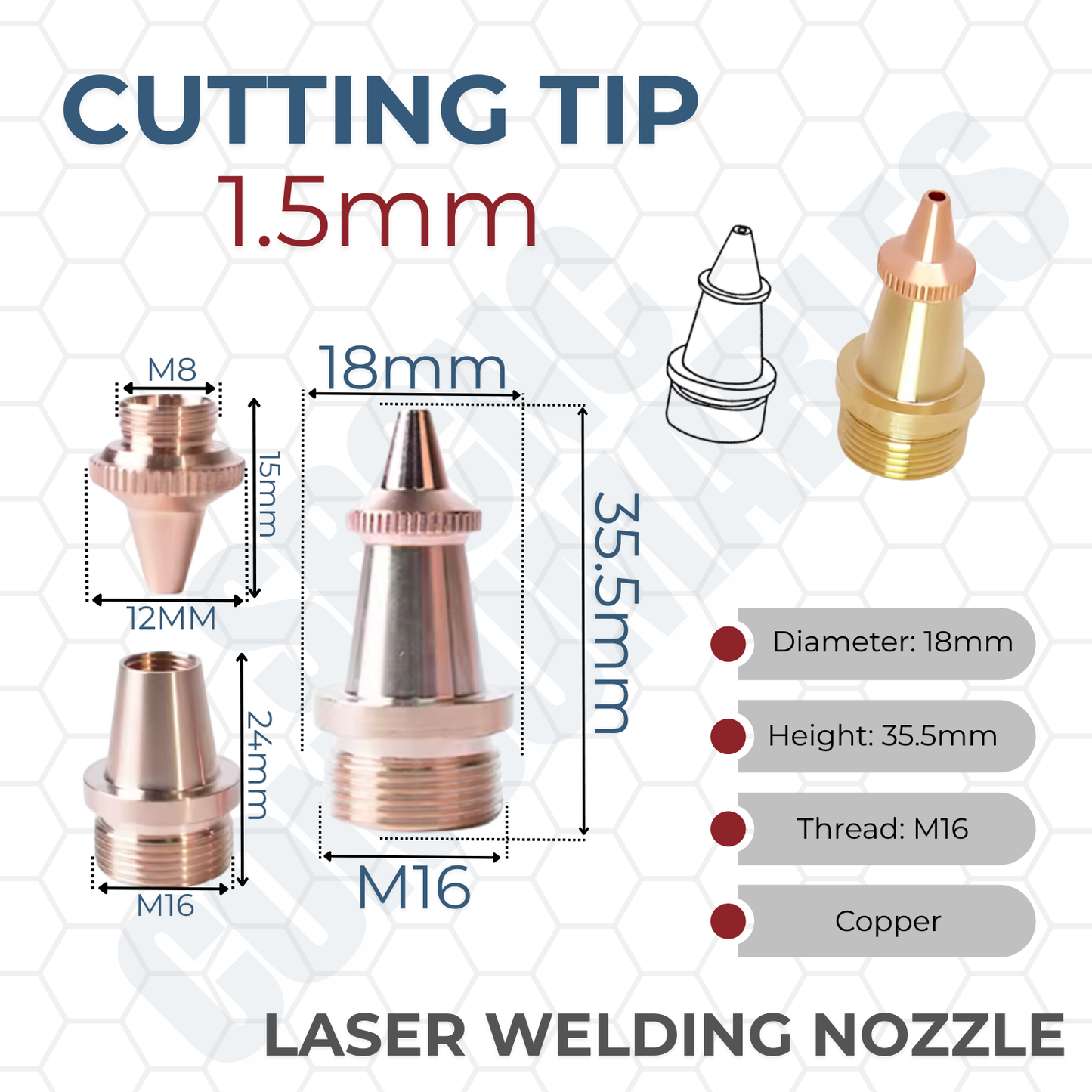 Laser Welding Nozzle Tips – Copper M16 Nozzles for Handheld Fiber Laser Welder Gun | Durable, Heat-Dissipating, Precision Fit | Multiple Sizes & Types
