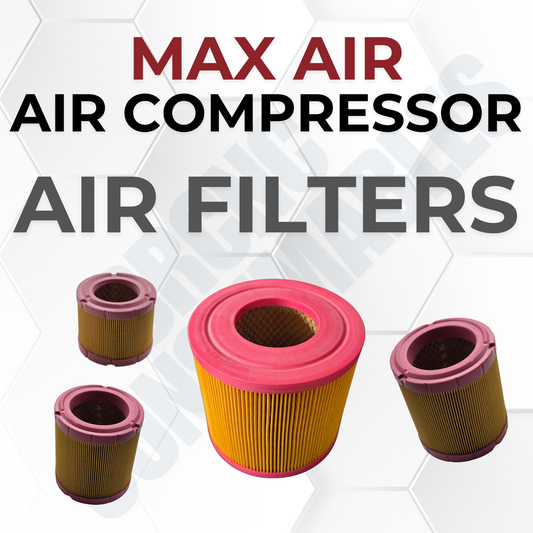Four air filters for an air compressor, including one large cylindrical filter and three smaller cylindrical filters, displayed against a light gray background with a faint hexagonal pattern. Bold text at the top reads 'MAX AIR AIR COMPRESSOR AIR FILTERS'.